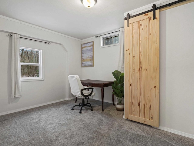 carpeted home office with a barn door