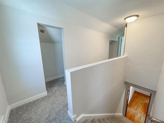 corridor featuring vaulted ceiling and carpet