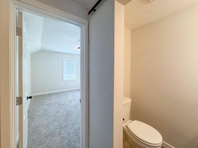 bathroom featuring lofted ceiling and toilet