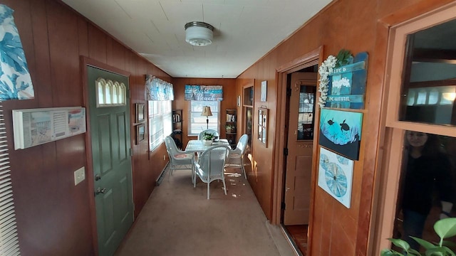 interior space featuring wooden walls