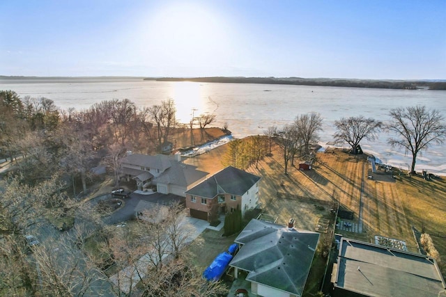 drone / aerial view featuring a water view