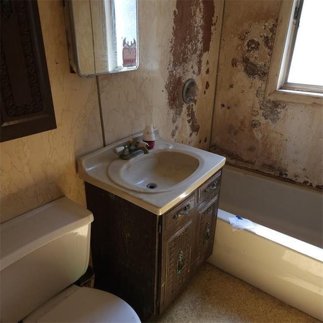 bathroom with vanity, a tub, and toilet