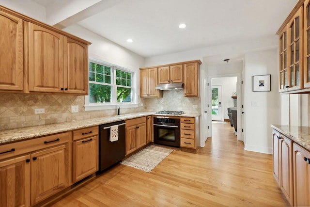 kitchen with tasteful backsplash, sink, light stone counters, black appliances, and light hardwood / wood-style flooring