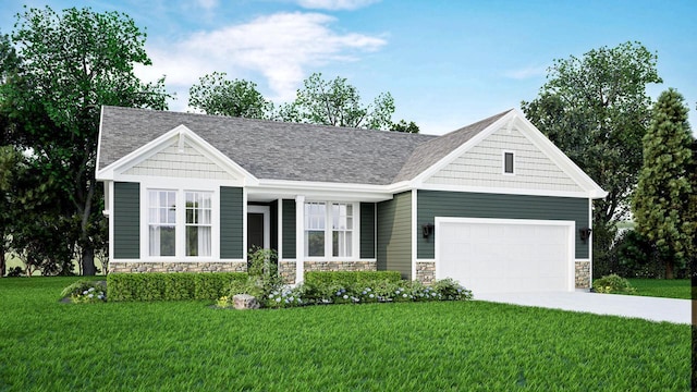 view of front of home featuring an attached garage, stone siding, concrete driveway, and a front yard