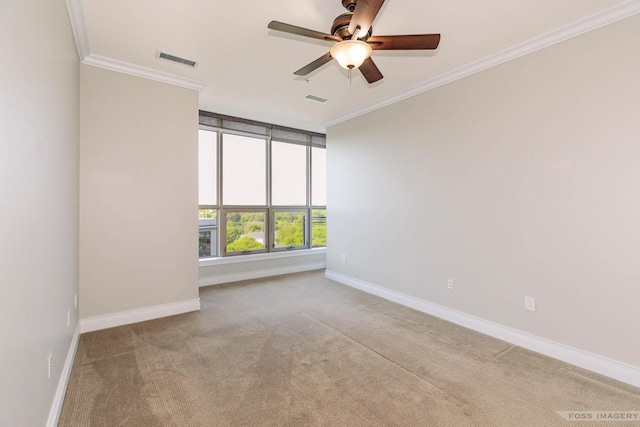 carpeted spare room with ceiling fan and ornamental molding