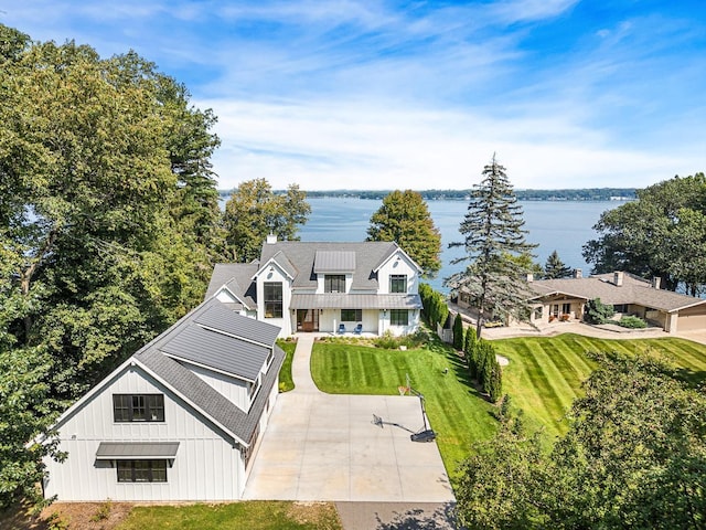 aerial view featuring a water view