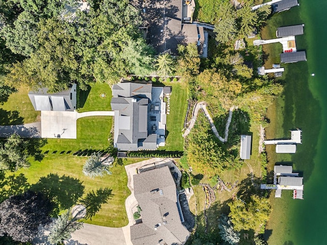 drone / aerial view featuring a water view