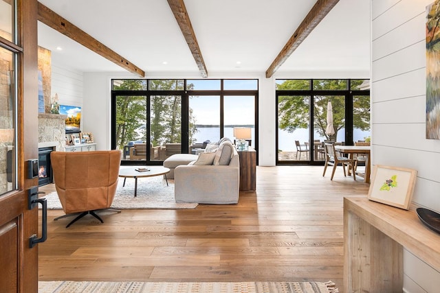 living room with expansive windows, a healthy amount of sunlight, a fireplace, and light hardwood / wood-style flooring