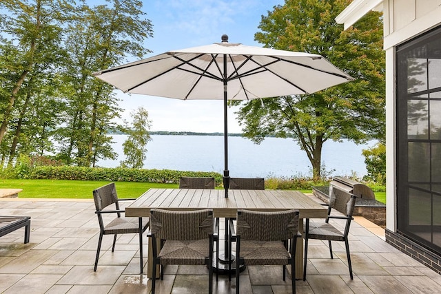 view of patio / terrace with a water view and exterior kitchen