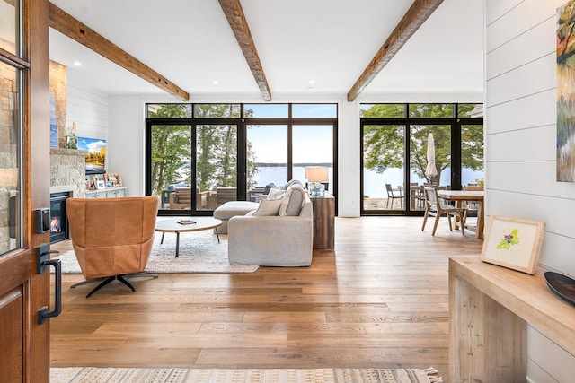 living room with light wood-type flooring, a fireplace, expansive windows, and plenty of natural light