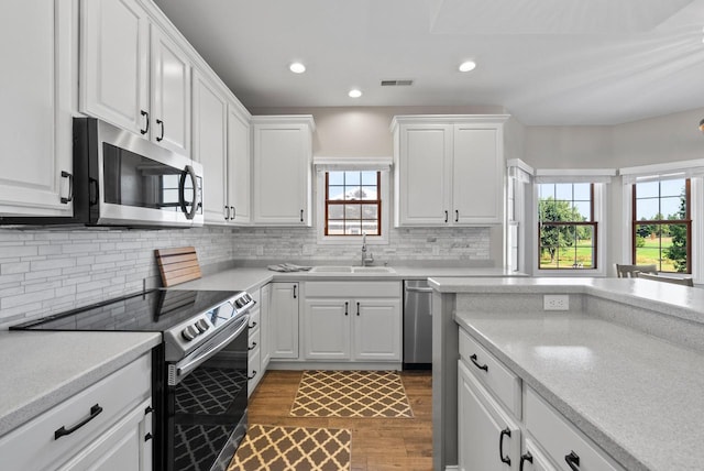 kitchen featuring sink, appliances with stainless steel finishes, tasteful backsplash, white cabinets, and dark hardwood / wood-style flooring