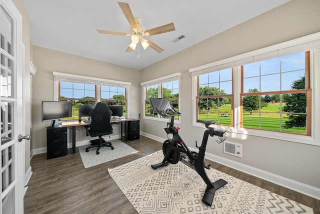 office space featuring dark wood-type flooring and ceiling fan