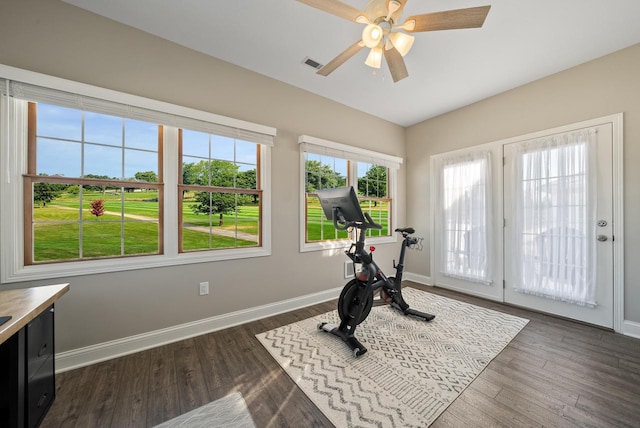 exercise area with vaulted ceiling, dark hardwood / wood-style floors, and ceiling fan