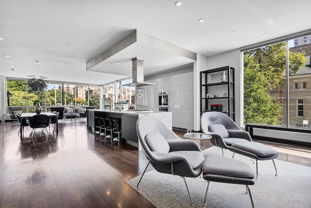 living room with dark hardwood / wood-style flooring and floor to ceiling windows