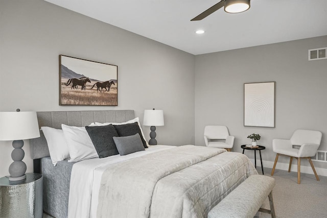 carpeted bedroom with ceiling fan