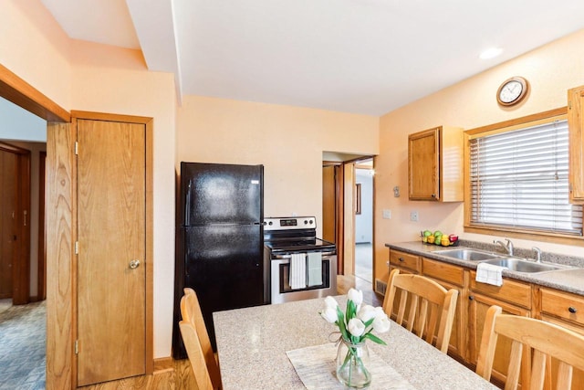 kitchen with black refrigerator, sink, and stainless steel electric stove