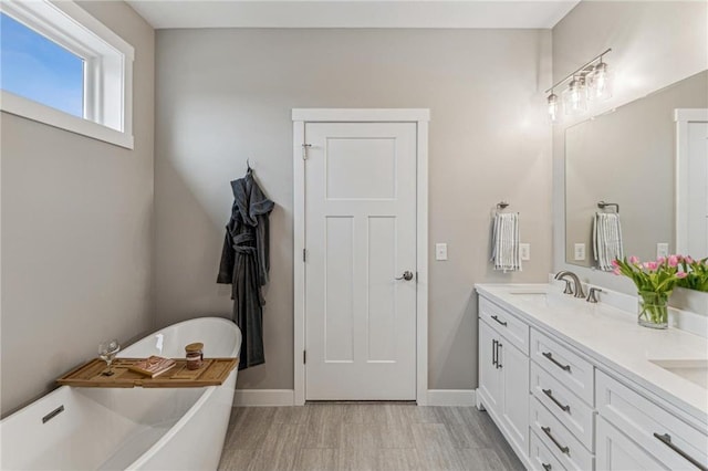 bathroom featuring a washtub, vanity, and hardwood / wood-style flooring