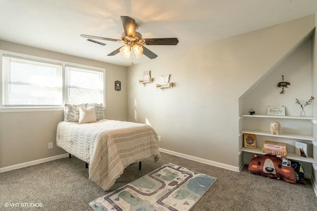 bedroom with ceiling fan and carpet