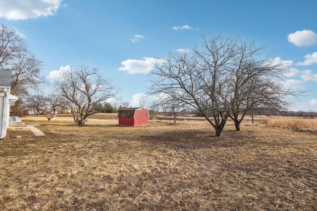 view of yard featuring a rural view and a shed