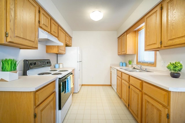 kitchen with light countertops, a sink, white appliances, under cabinet range hood, and baseboards