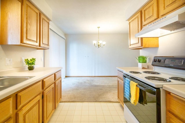 kitchen with light carpet, electric stove, light countertops, and under cabinet range hood