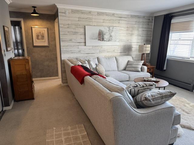 carpeted living room with crown molding and a baseboard radiator