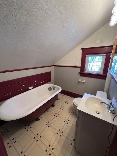 bathroom with toilet, vaulted ceiling, a textured ceiling, vanity, and a washtub