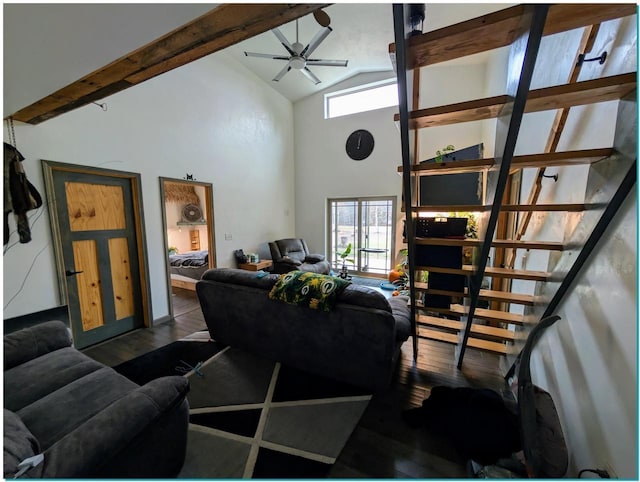 3067 N River Rd, Oconto, WI 54153 - living room with ceiling fan, high vaulted ceiling, beamed ceiling, and wood finished floors