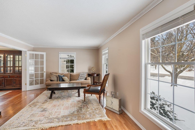 living room with ornamental molding, a textured ceiling, and light wood-type flooring