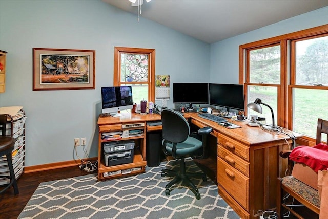 2570 Roanoke Cir, Madison, WI 53719 - office space featuring lofted ceiling, dark wood finished floors, baseboards, and ceiling fan