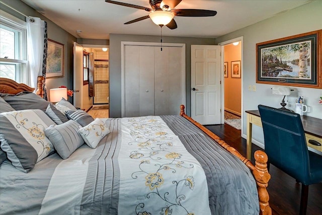 2570 Roanoke Cir, Madison, WI 53719 - bedroom with a closet, wood finished floors, and a ceiling fan
