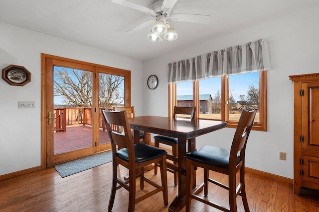 dining space with hardwood / wood-style flooring and ceiling fan