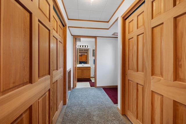 hall featuring crown molding and carpet