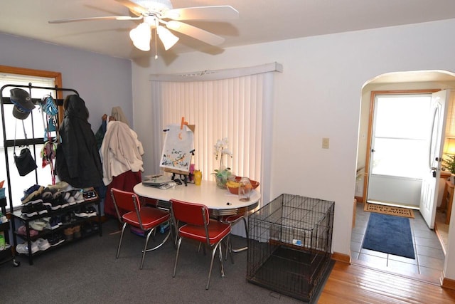 dining area featuring ceiling fan, a wealth of natural light, and wood-type flooring