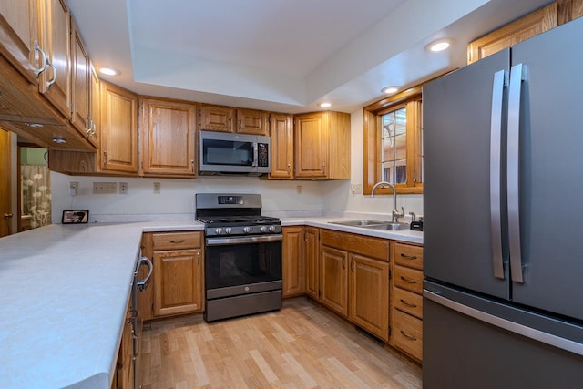 kitchen with sink, a tray ceiling, stainless steel appliances, and light hardwood / wood-style floors