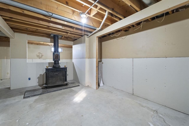 basement with a wood stove