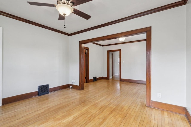 unfurnished room with crown molding, ceiling fan, and light wood-type flooring