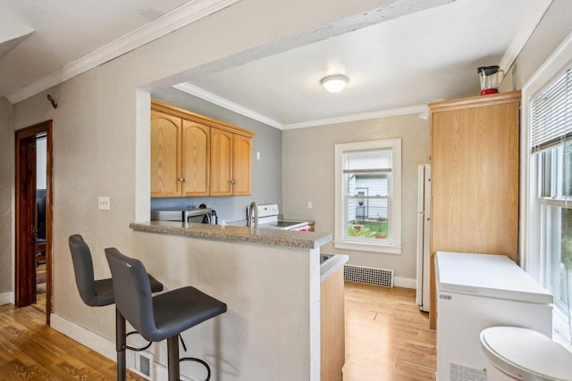 kitchen with white appliances, plenty of natural light, ornamental molding, and light hardwood / wood-style floors