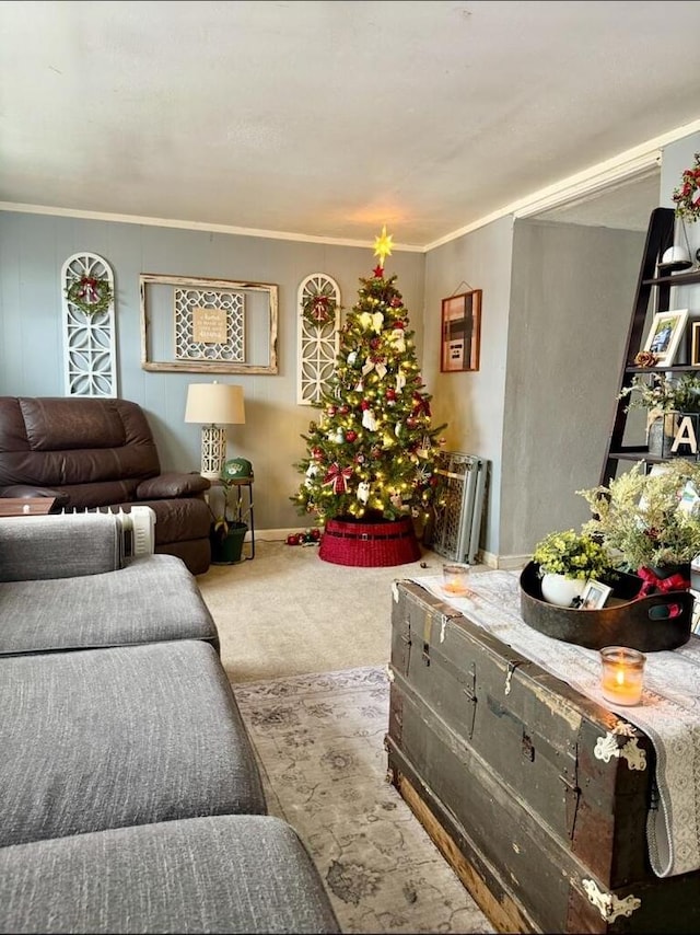 carpeted living room featuring crown molding