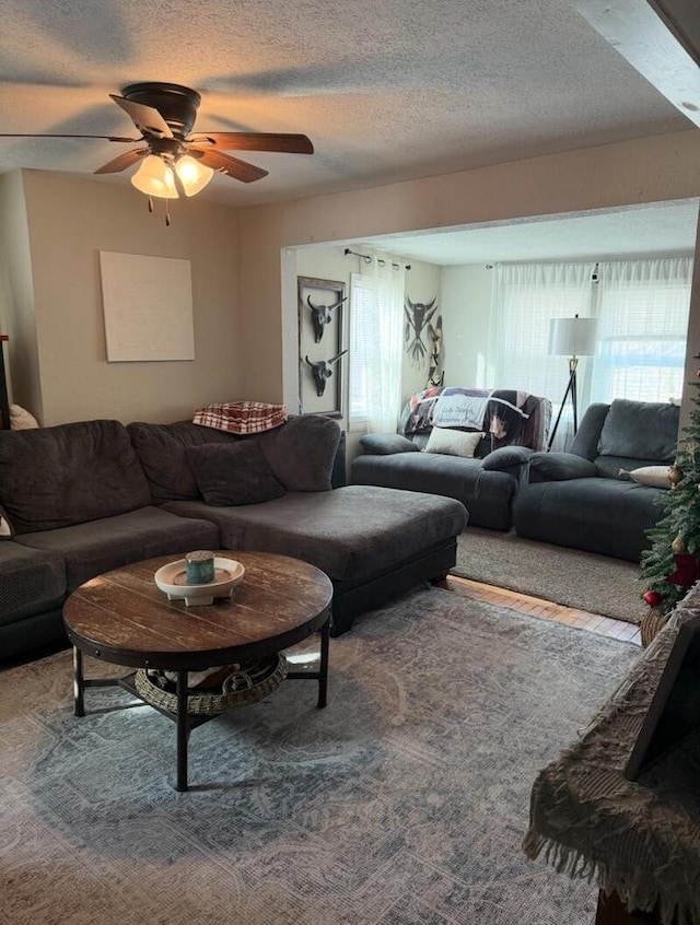 living room featuring ceiling fan and a textured ceiling