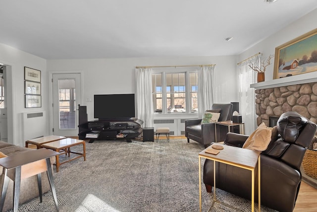 living room featuring a stone fireplace and light hardwood / wood-style floors