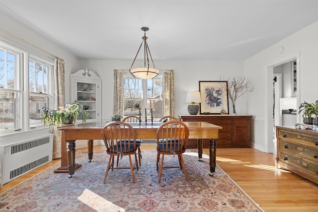 dining space with plenty of natural light, radiator heating unit, and light wood-type flooring