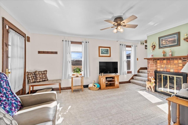 carpeted living room with a fireplace, ornamental molding, and ceiling fan