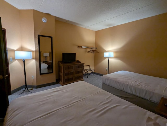 bedroom with carpet and a textured ceiling