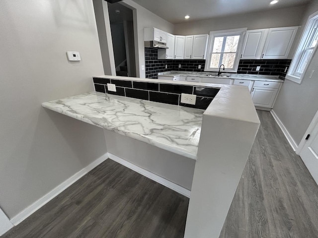 kitchen featuring tasteful backsplash, kitchen peninsula, dark wood-type flooring, and white cabinets