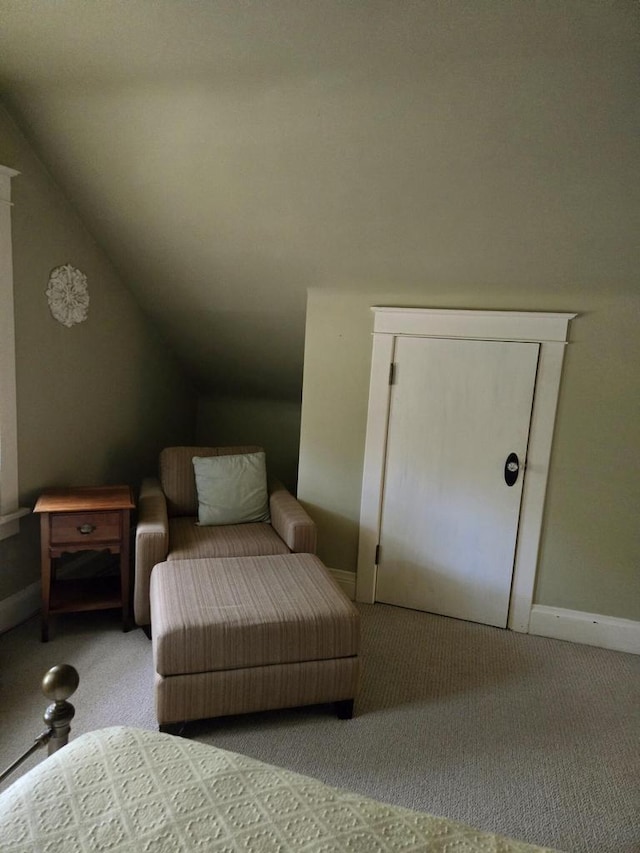 bedroom with light colored carpet and lofted ceiling