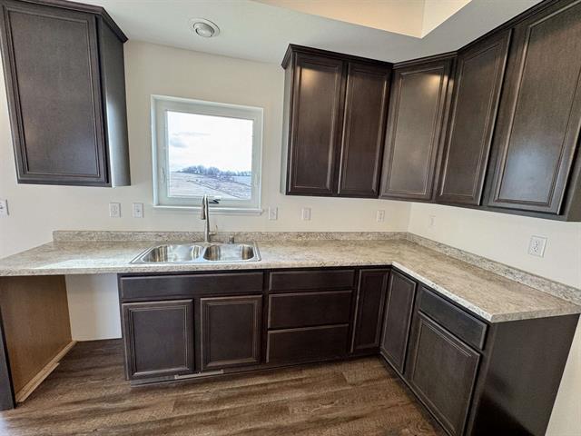 kitchen with sink, dark wood-type flooring, and dark brown cabinetry