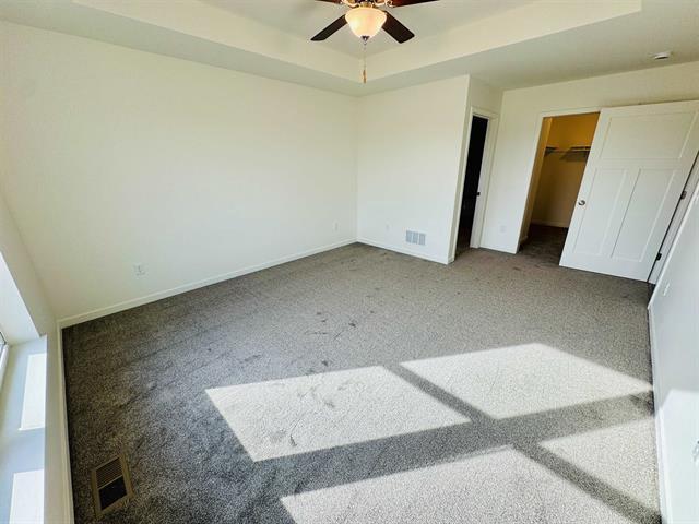 unfurnished bedroom featuring ceiling fan, carpet flooring, a raised ceiling, and a spacious closet