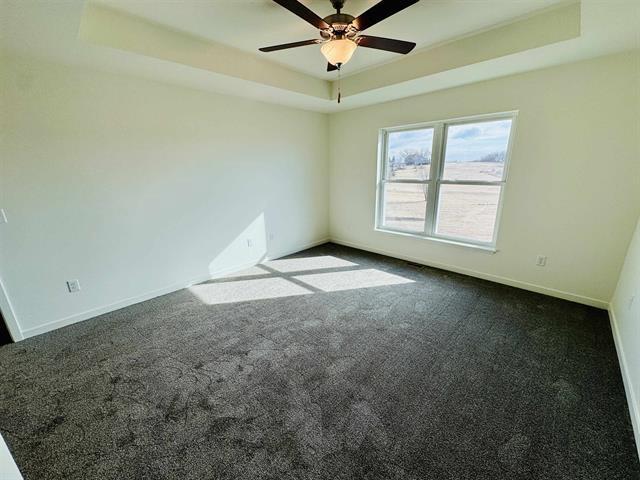 spare room with a raised ceiling, ceiling fan, and dark carpet