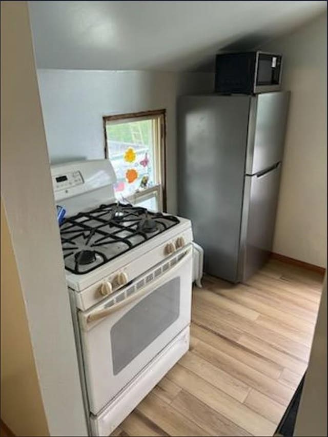 kitchen with light hardwood / wood-style flooring and stainless steel appliances